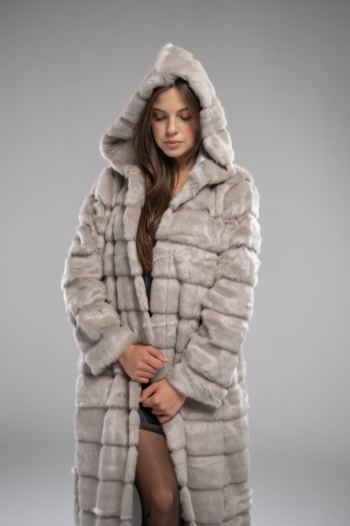 Striped Silver-Grey Fur Coat
