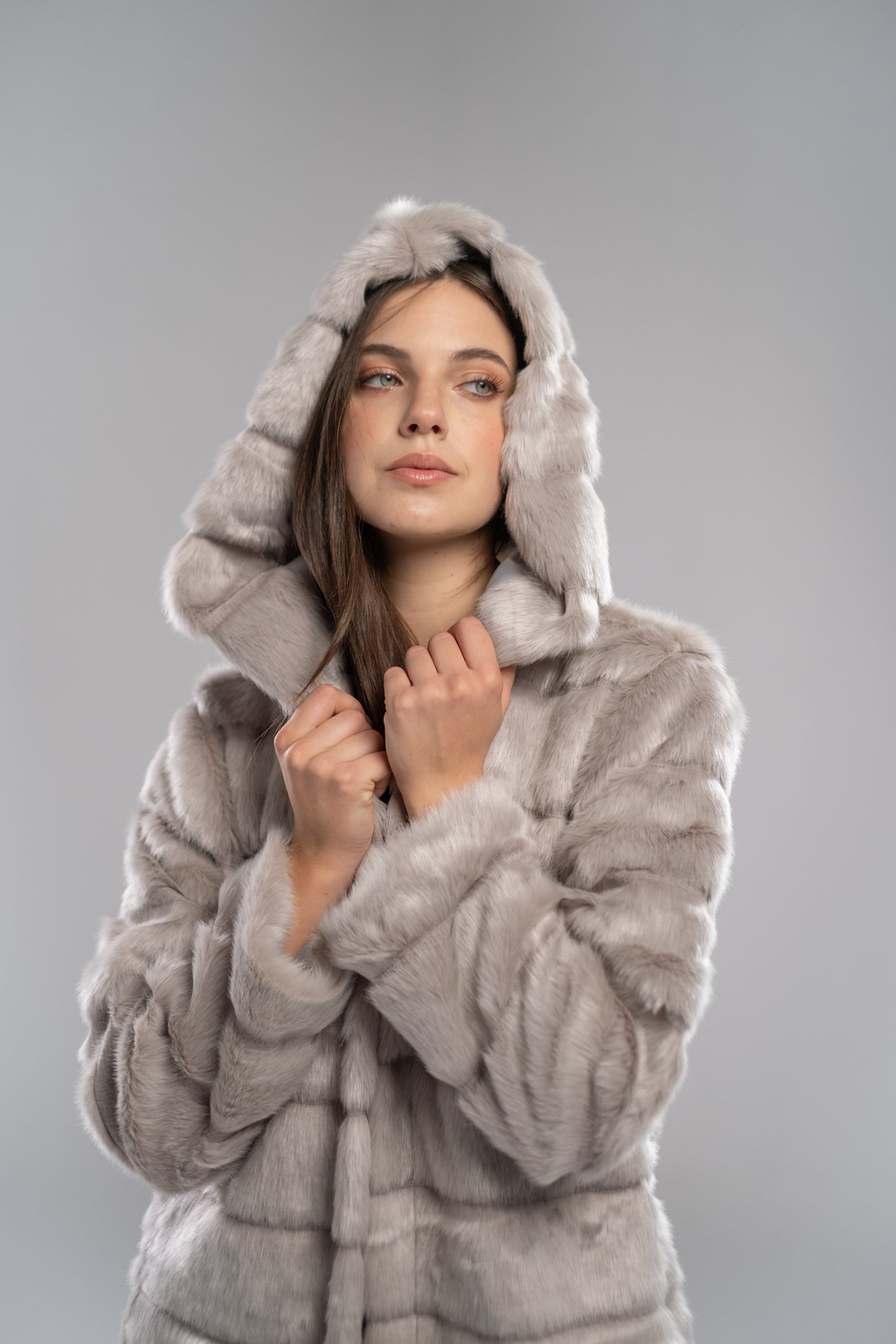 Striped Silver-Grey Fur Coat