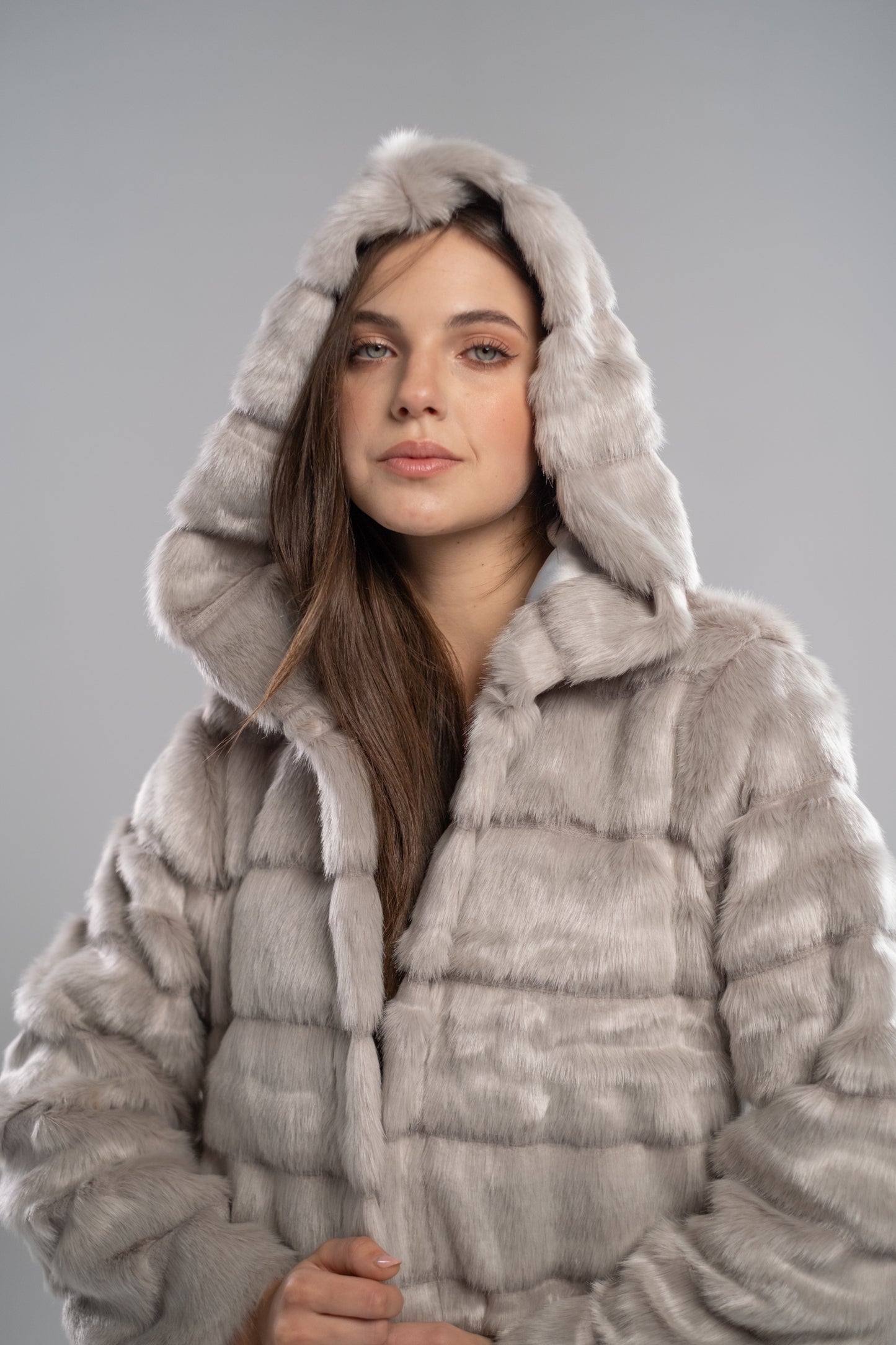 Striped Silver-Grey Fur Coat