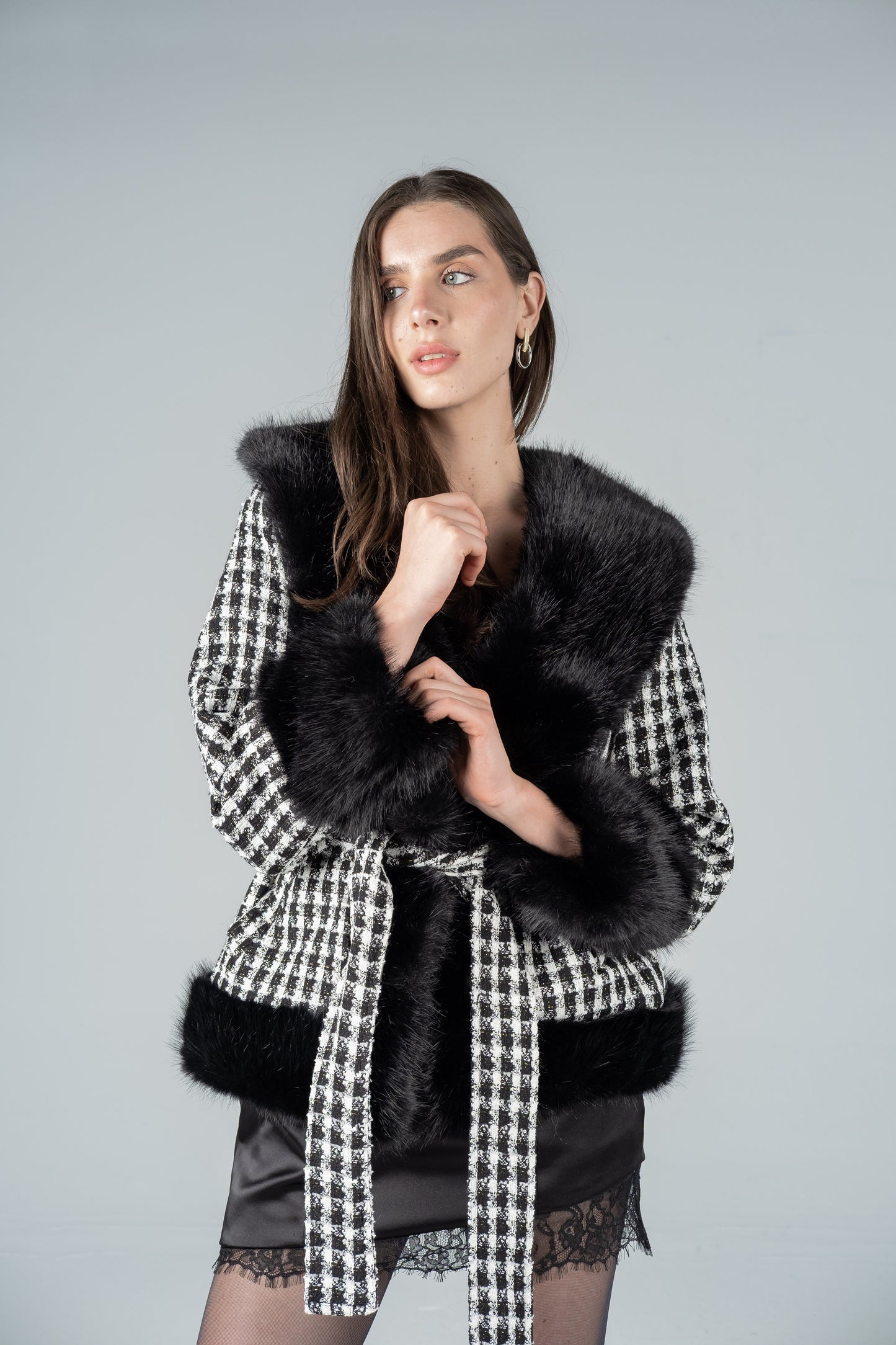 HOUNDSTOOTH WOOL FUR JACKET