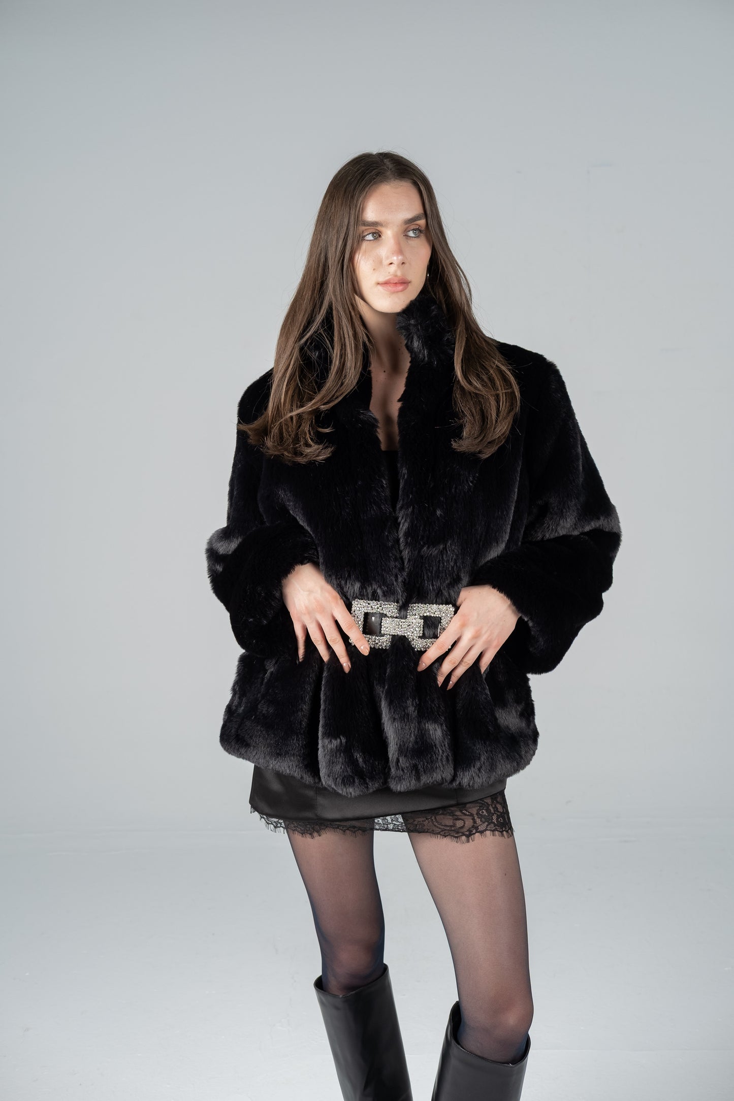 BLACK PLUSH FUR JACKET WITH STAND COLLAR