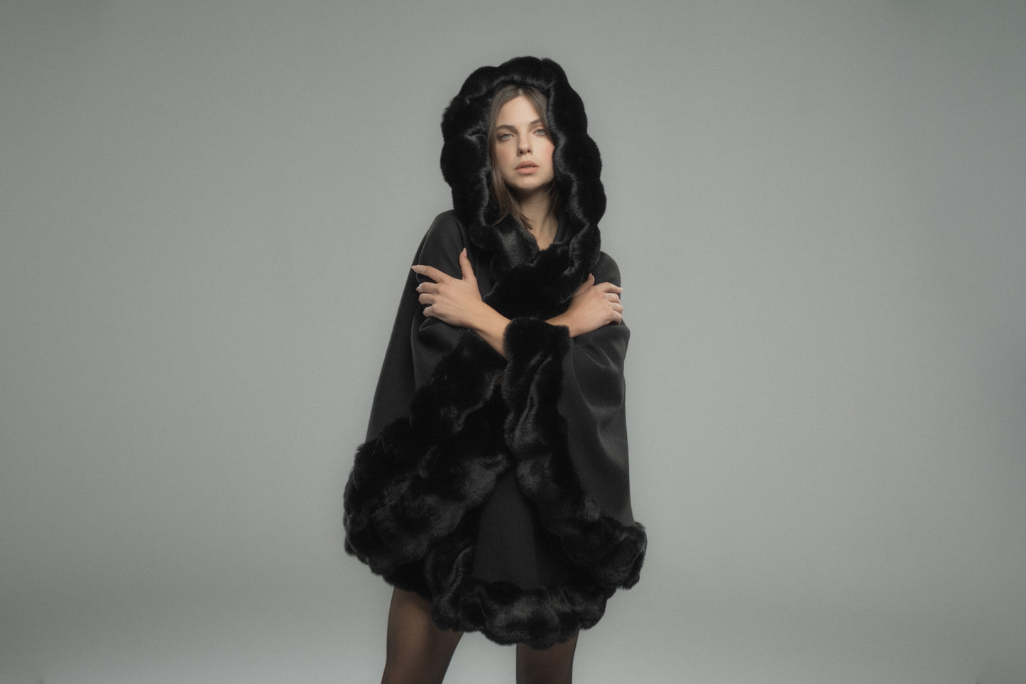 Black Russet-Fur Cape With Hood