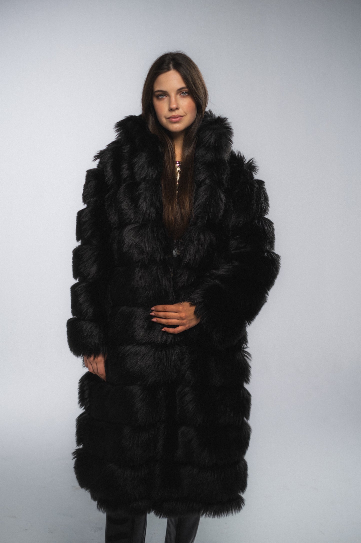 Black Thick Striped Fur Coat