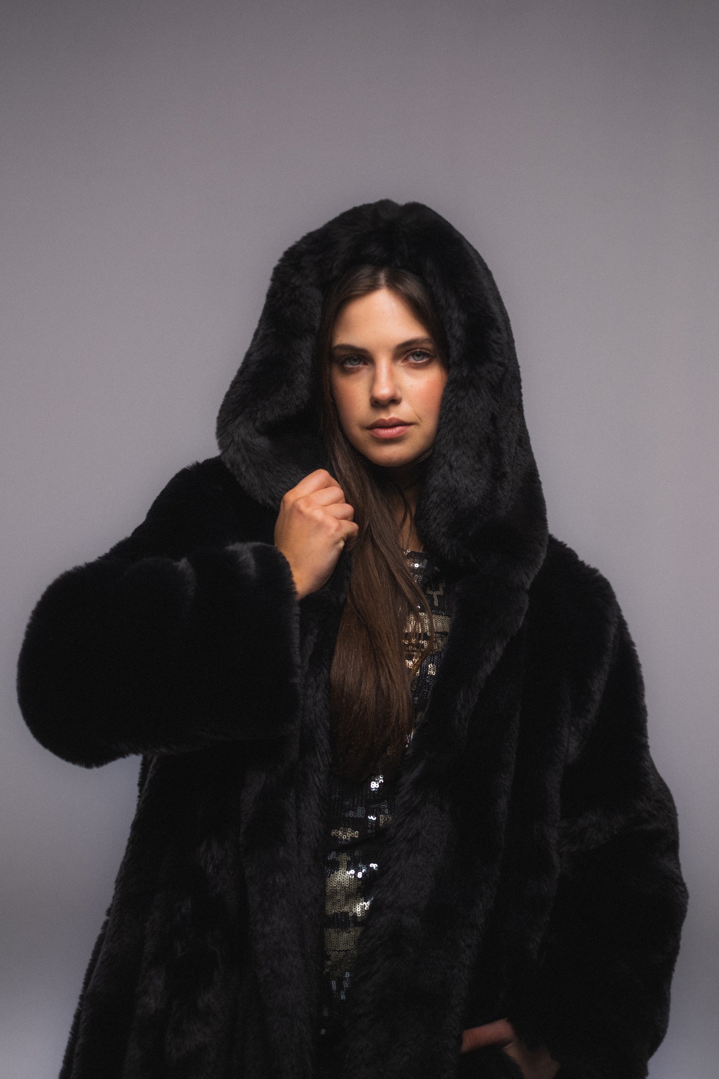 Plain Fur Coat With Hoodie