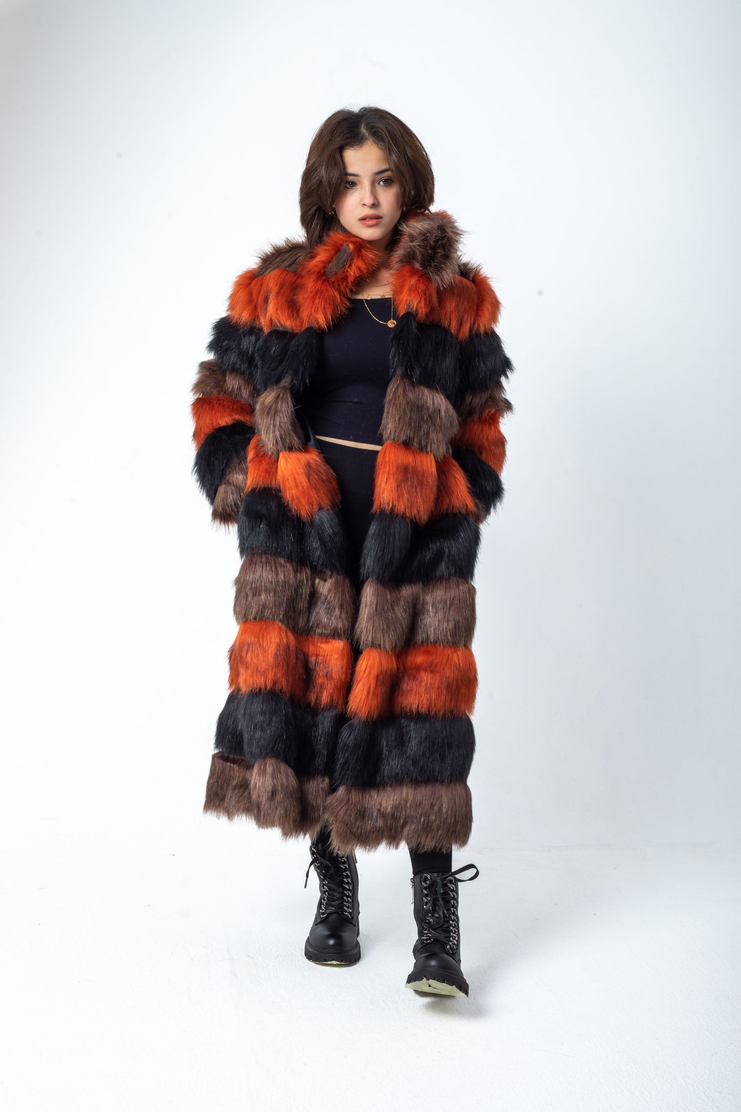 Three-Colored Striped Fur Coat