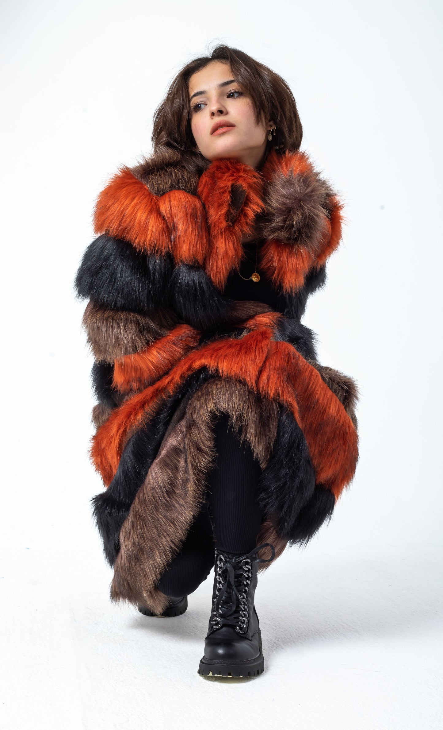 Three-Colored Striped Fur Coat