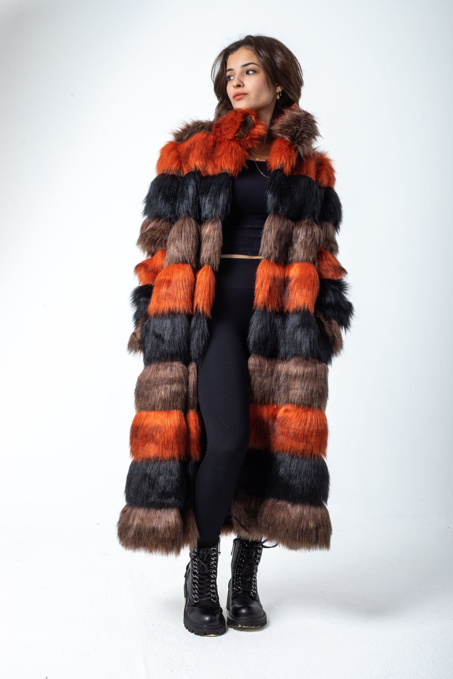 Three-Colored Striped Fur Coat