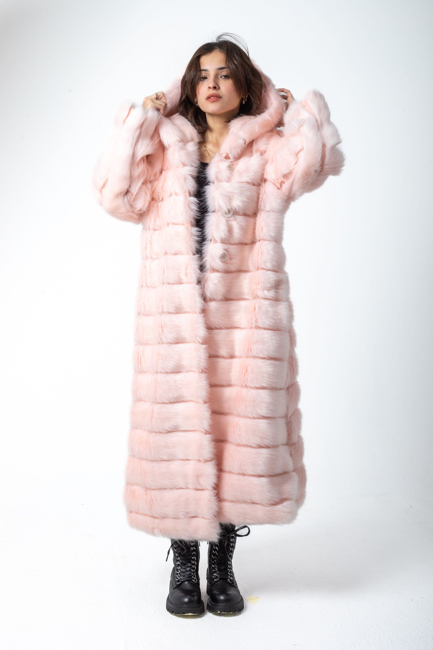 Long Striped Fur Coat With Hoodie