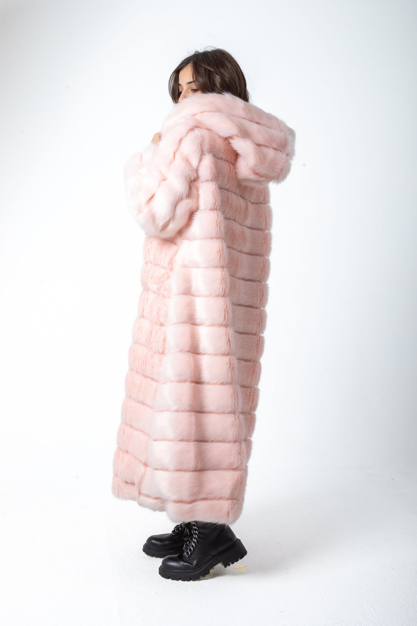 Long Striped Fur Coat With Hoodie