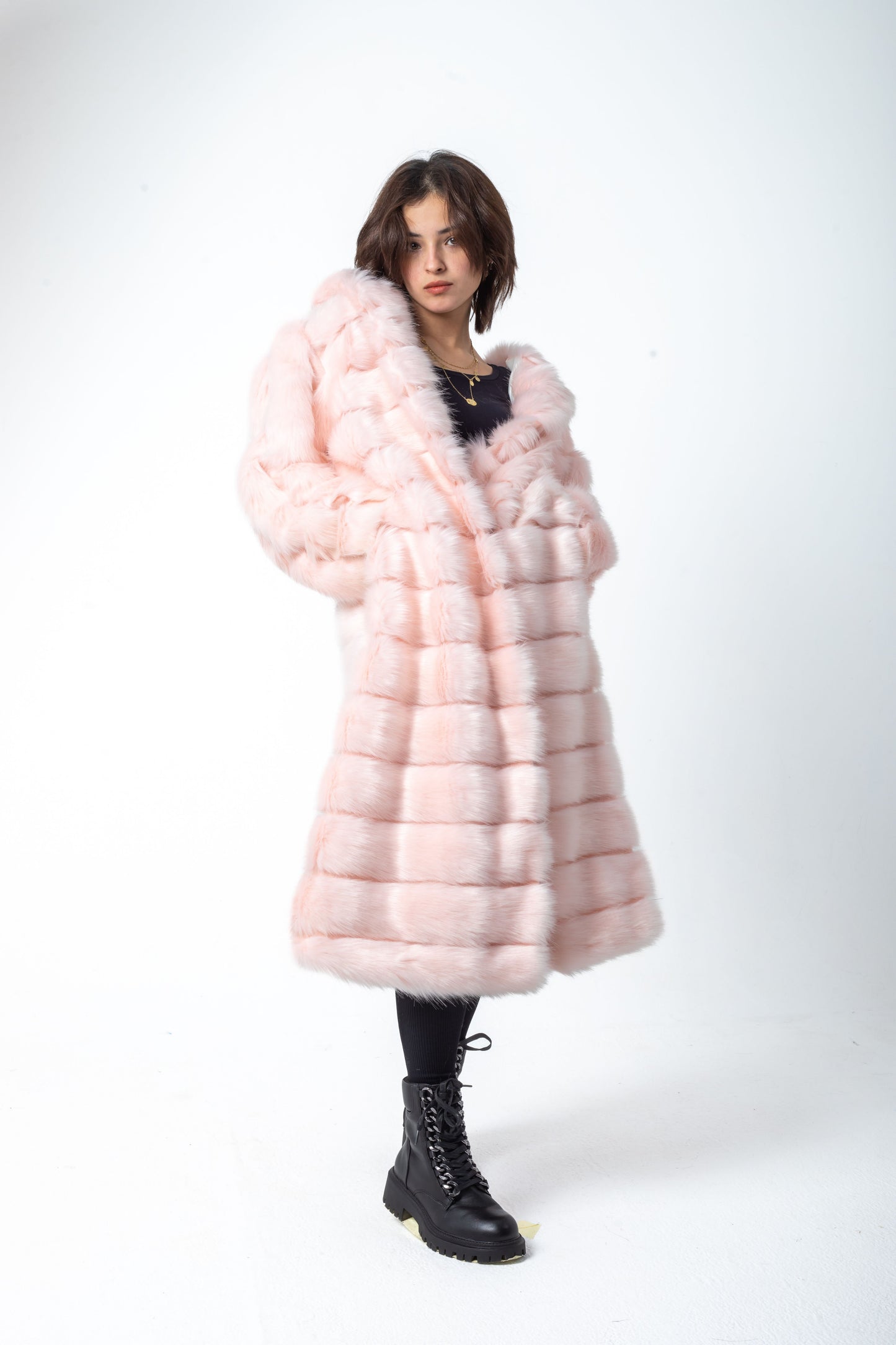 Long Striped Fur Coat With Hoodie