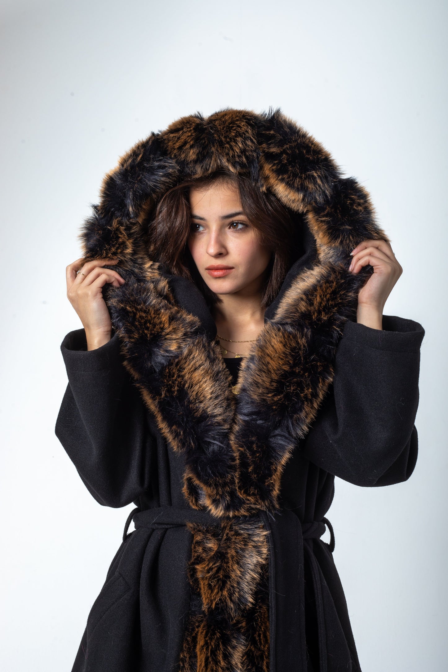 Wool Russet Coat With Tiger Fur
