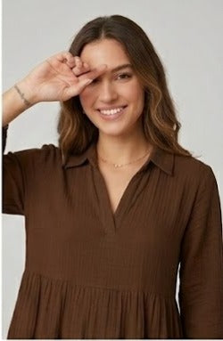 MAYA CRINKLE LINEN DRESS - CHOCOLATE