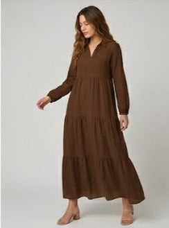 MAYA CRINKLE LINEN DRESS - CHOCOLATE