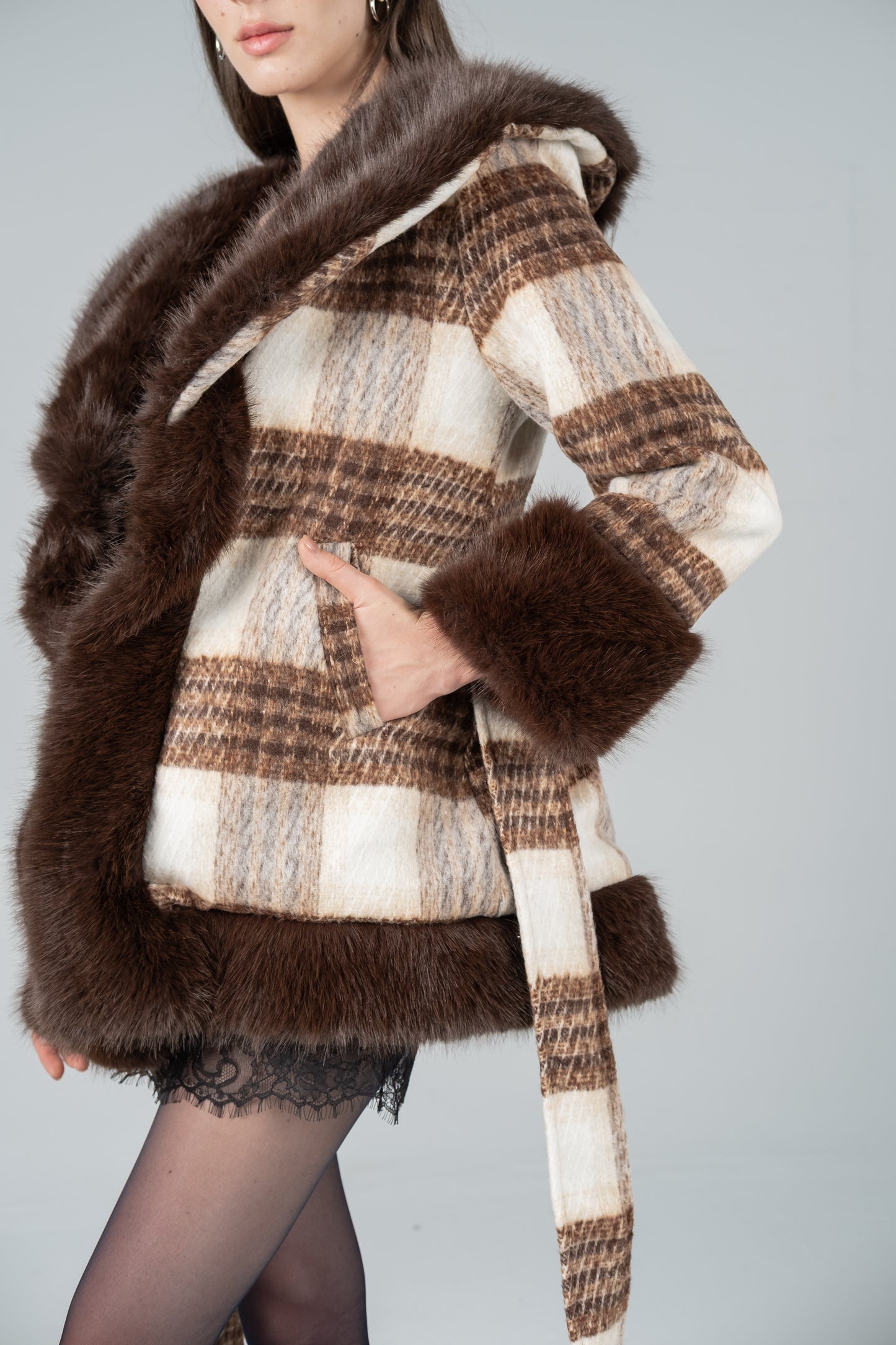 CHECKED WOOL-FUR JACKET