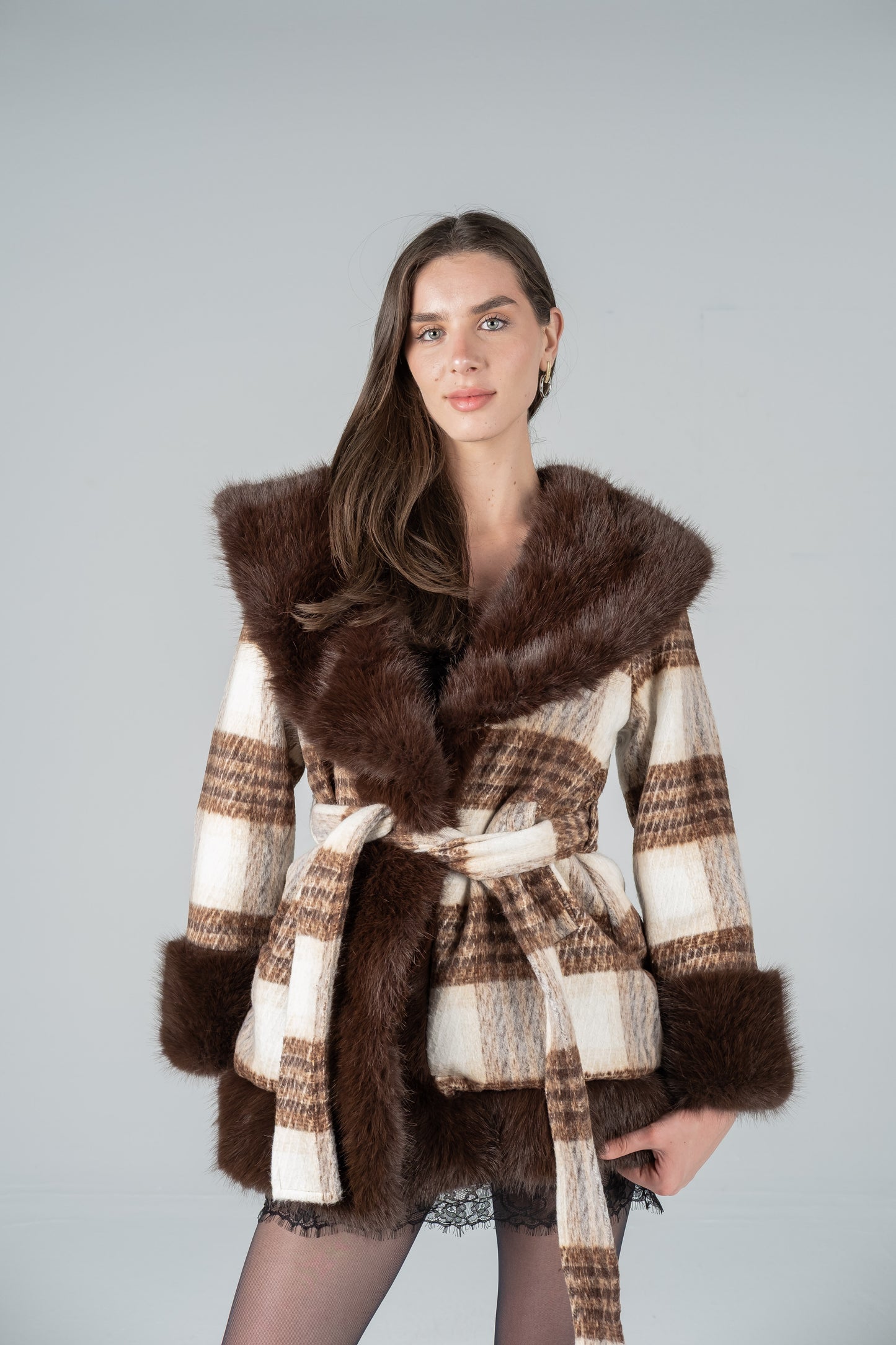 CHECKED WOOL-FUR JACKET