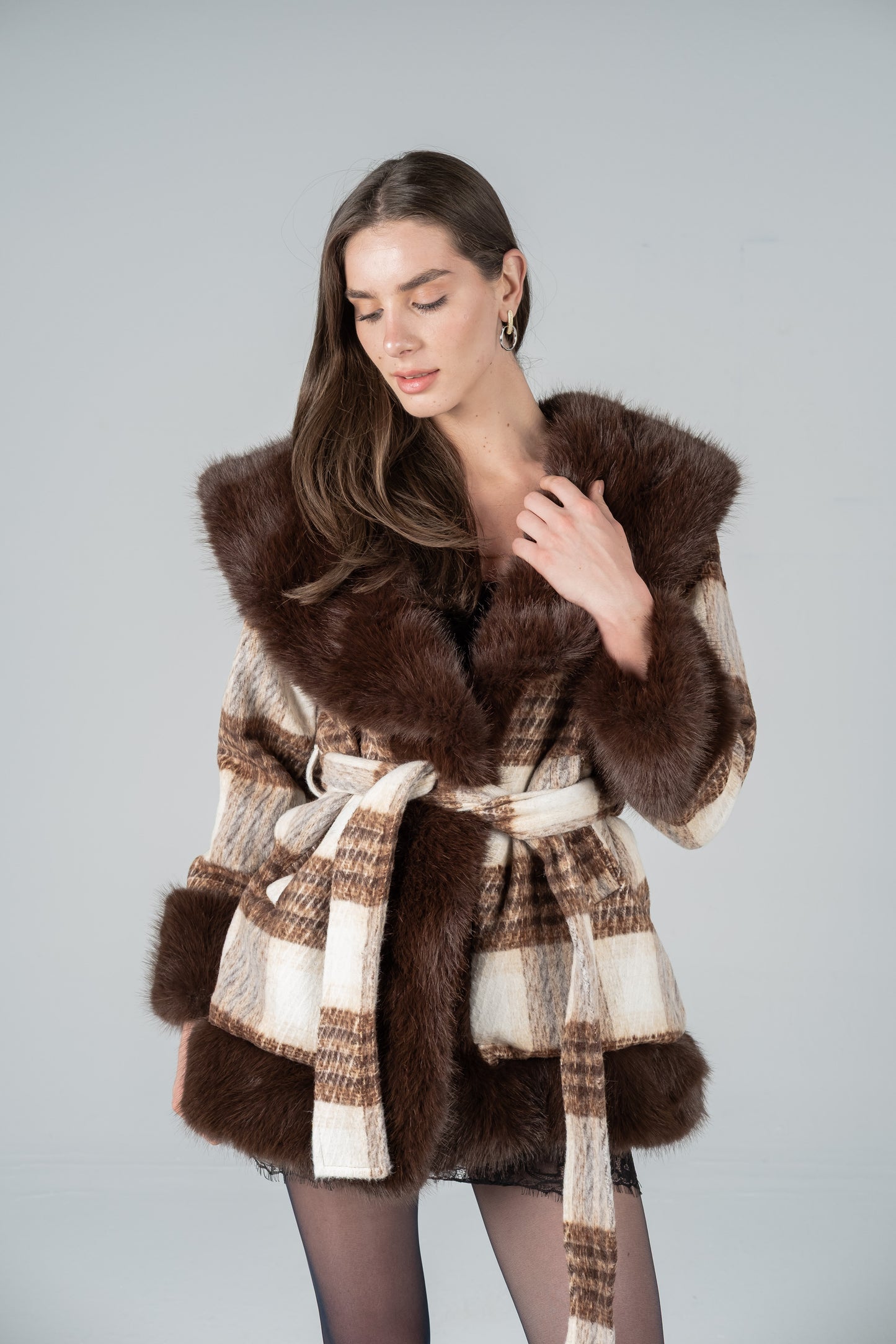 CHECKED WOOL-FUR JACKET