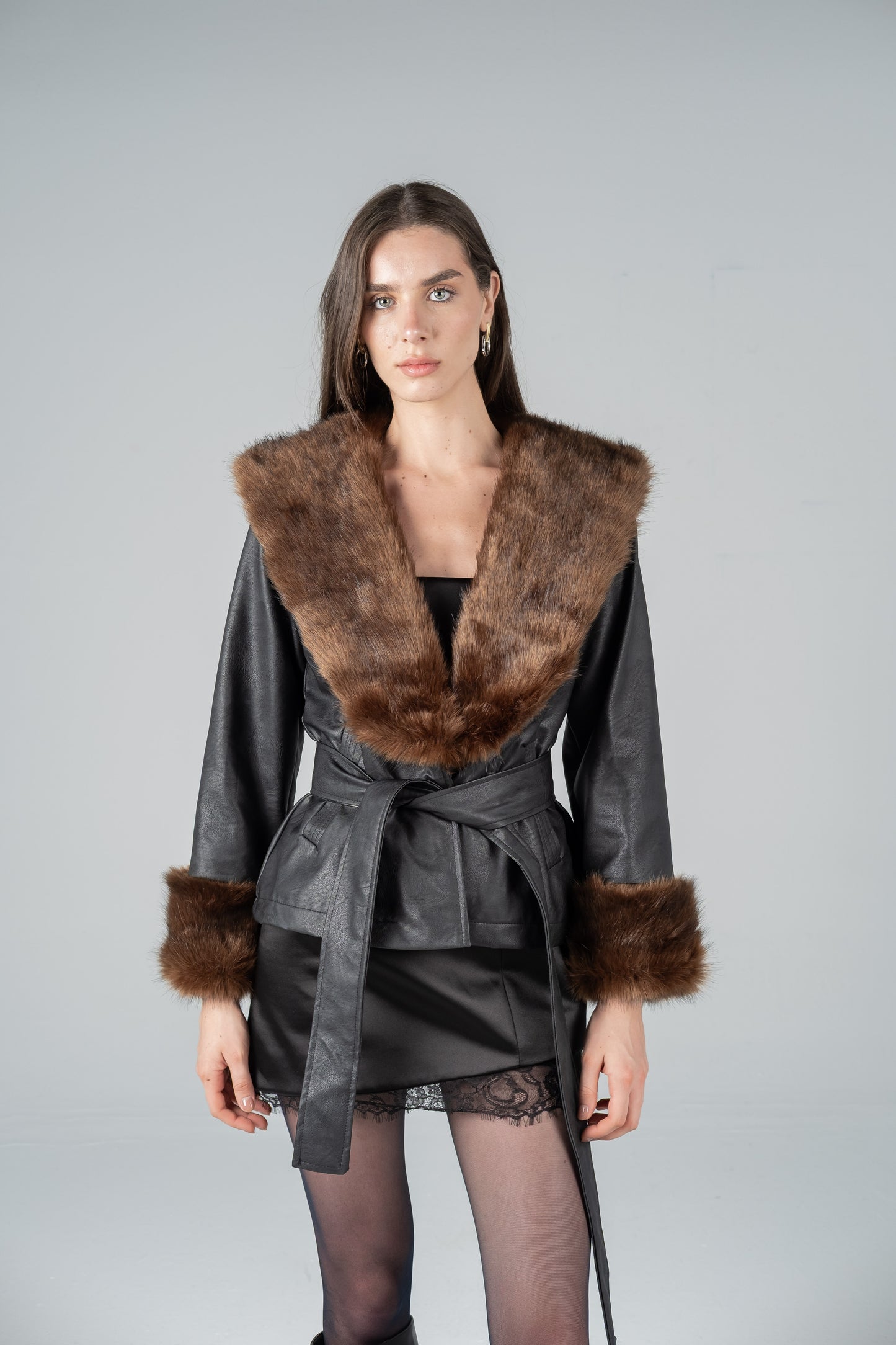 BLACK LEATHER JACKET WITH BROWN FUR COLLAR