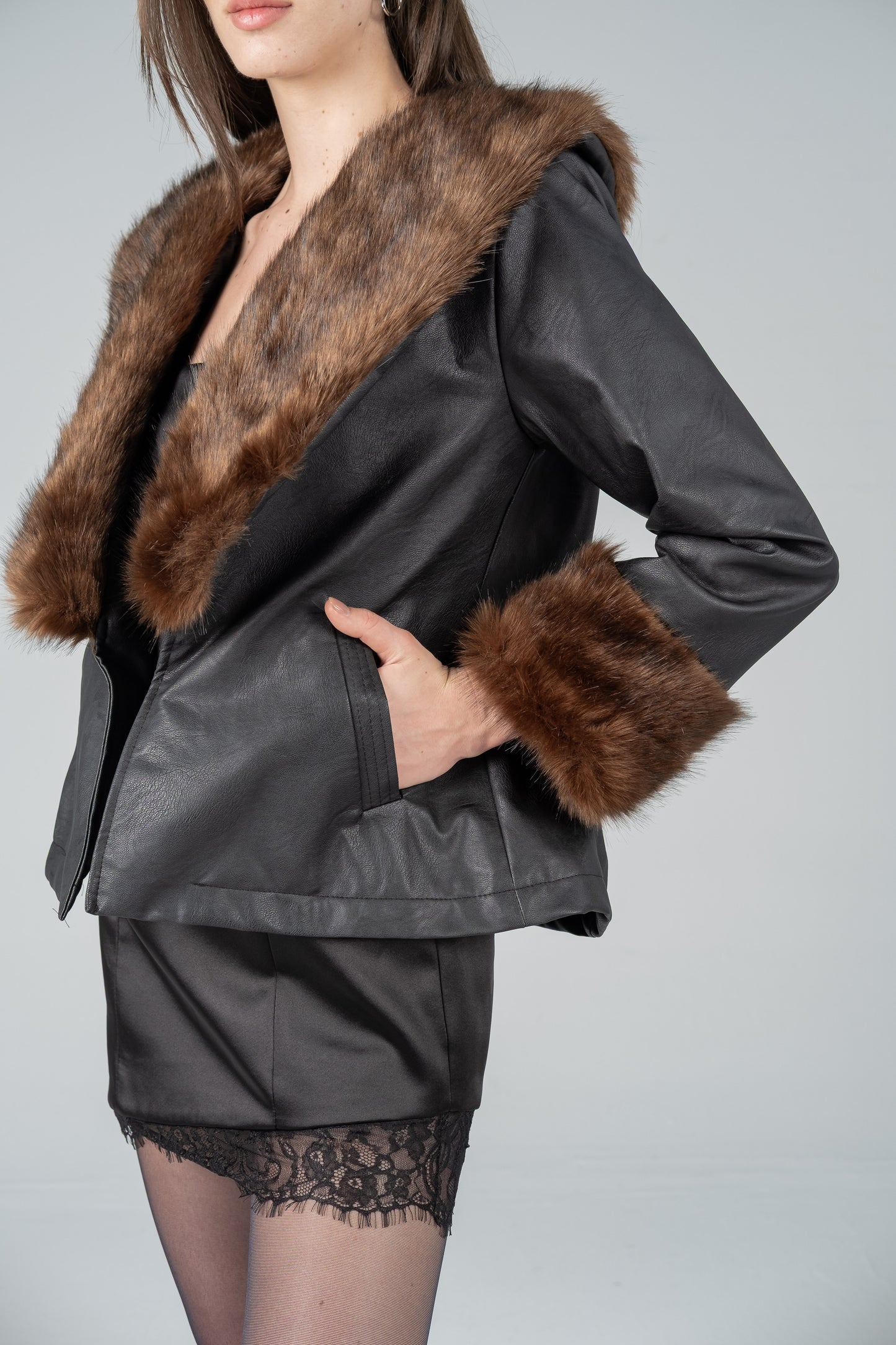 BLACK LEATHER JACKET WITH BROWN FUR COLLAR
