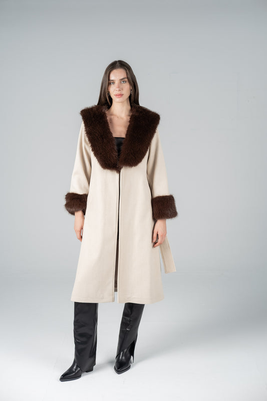 CREAM FELT COAT WITH CHOCOLATE FUR COLLAR