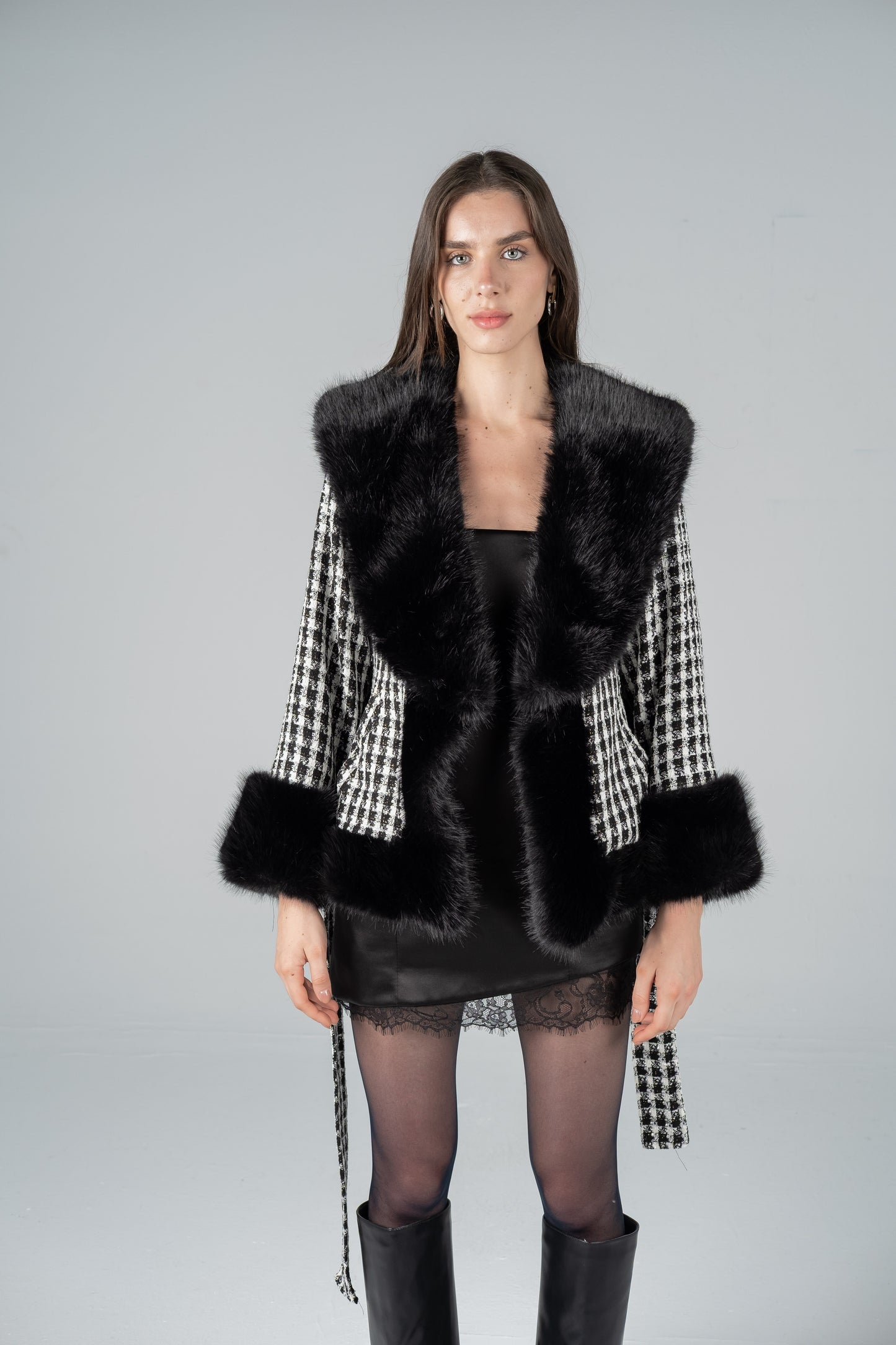 HOUNDSTOOTH WOOL FUR JACKET