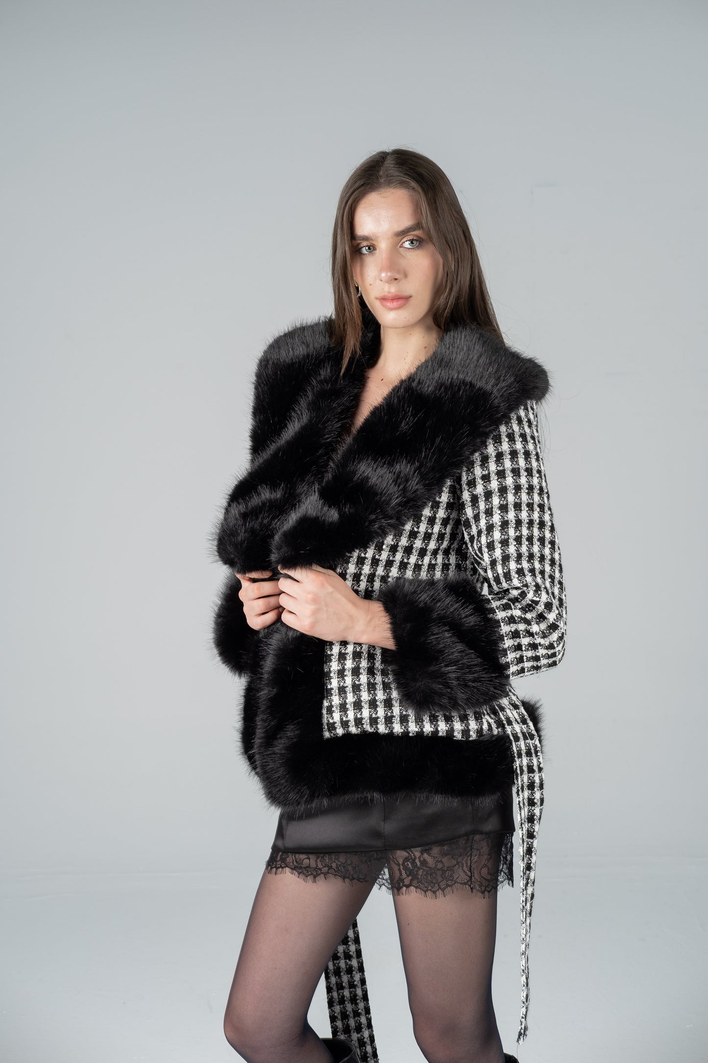 HOUNDSTOOTH WOOL FUR JACKET