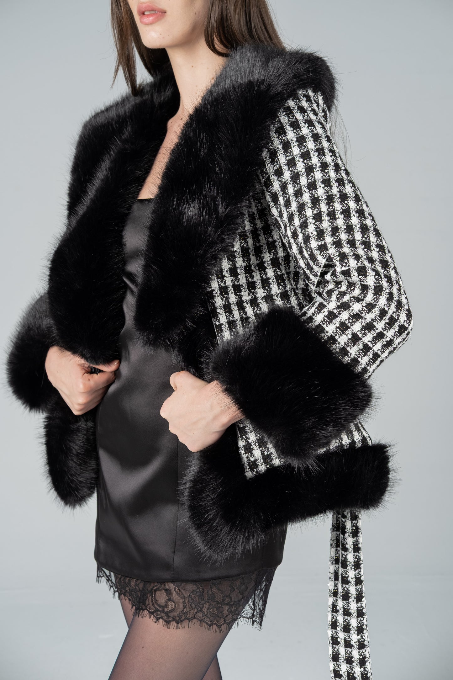 HOUNDSTOOTH WOOL FUR JACKET