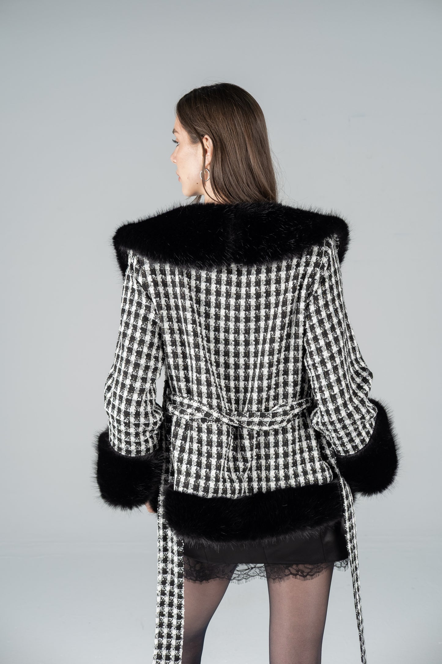 HOUNDSTOOTH WOOL FUR JACKET