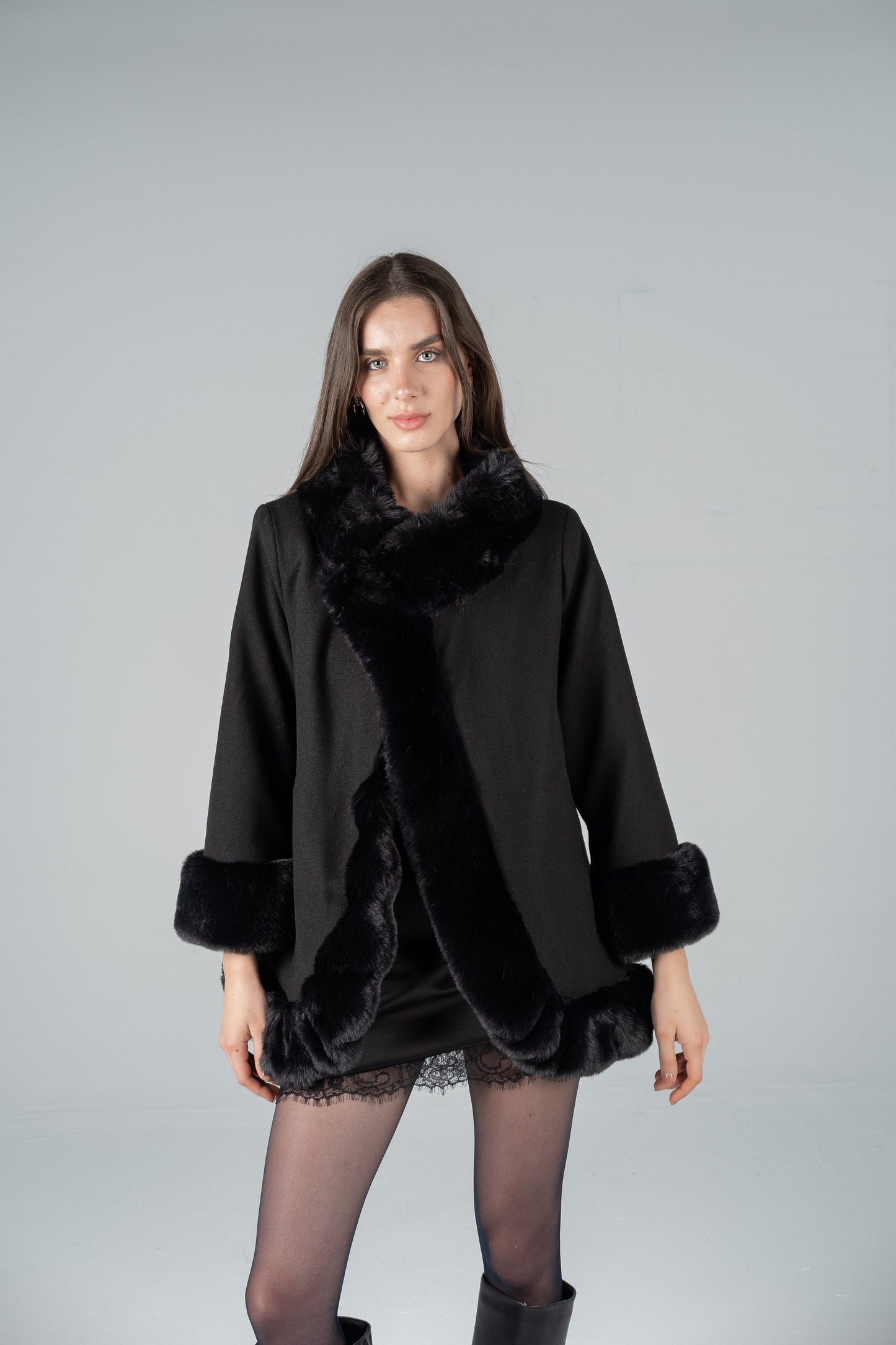 BLACK TRIMMED SWING COAT