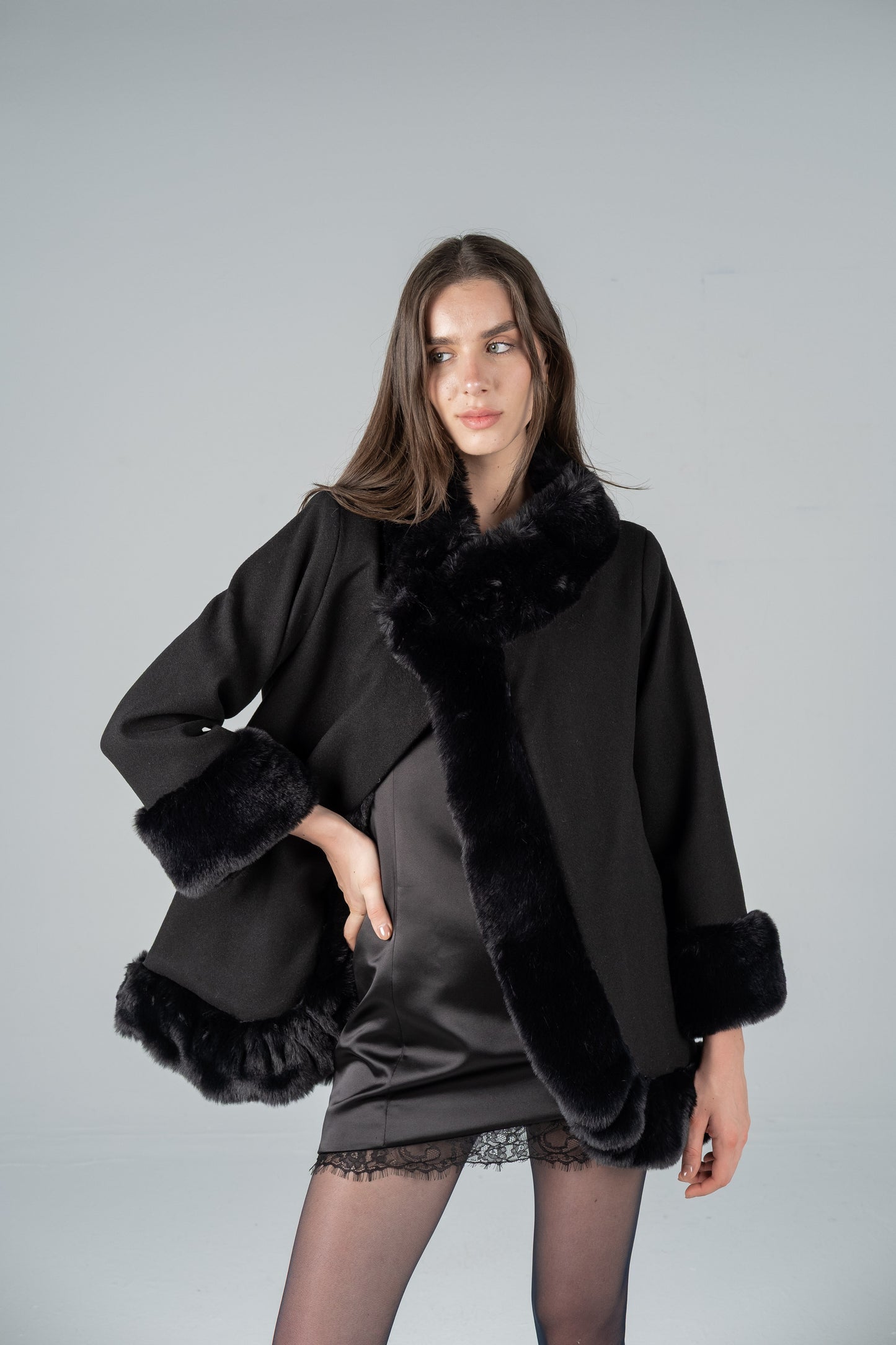 BLACK TRIMMED SWING COAT