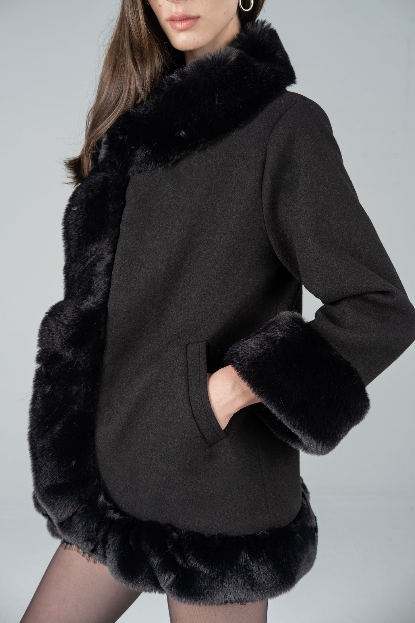 BLACK TRIMMED SWING COAT