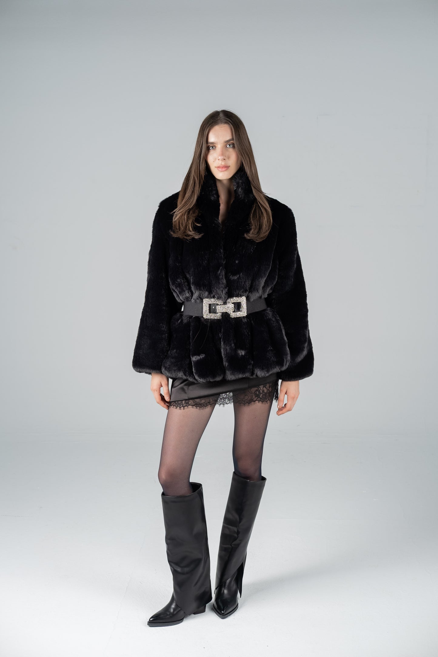 BLACK PLUSH FUR JACKET WITH STAND COLLAR