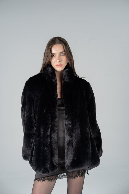 BLACK PLUSH FUR JACKET WITH STAND COLLAR