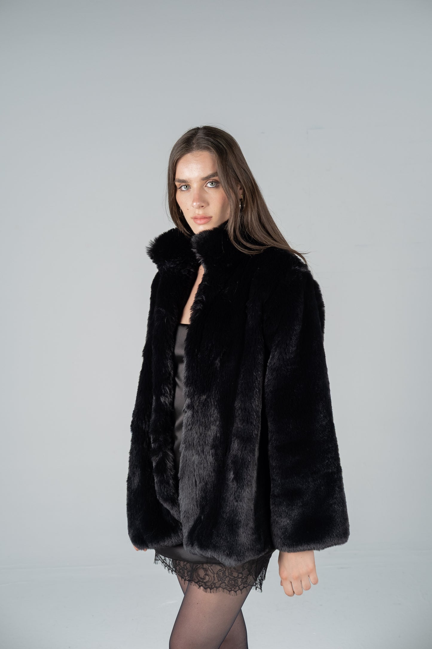 BLACK PLUSH FUR JACKET WITH STAND COLLAR