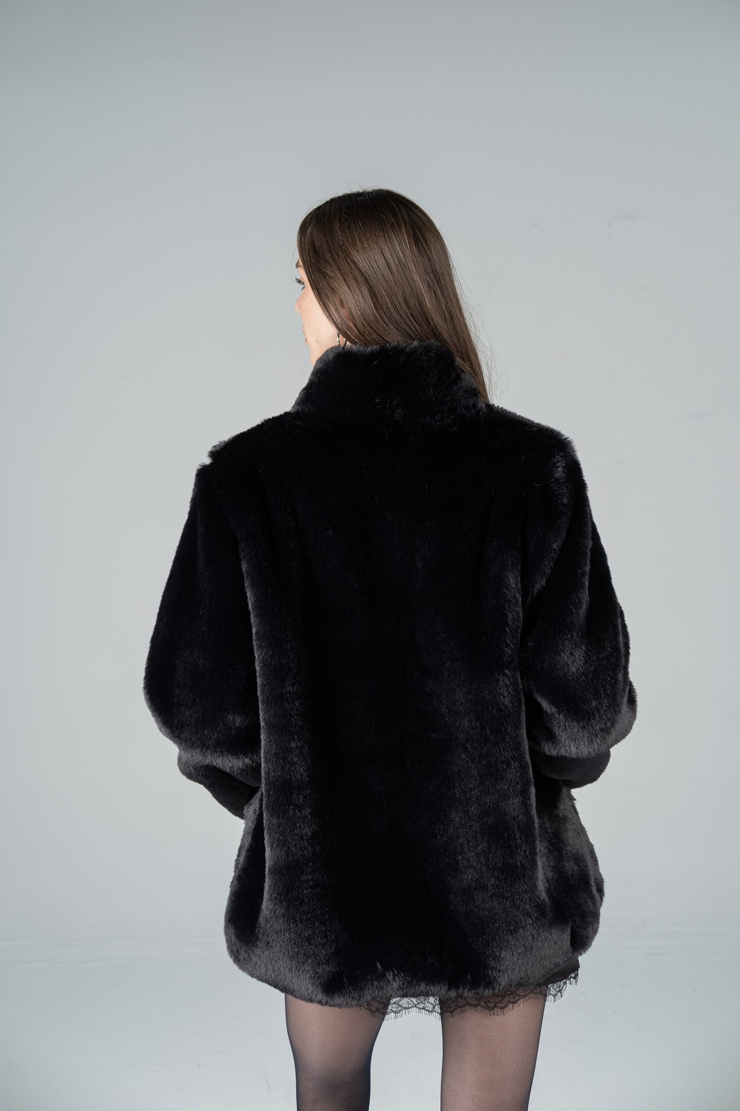 BLACK PLUSH FUR JACKET WITH STAND COLLAR