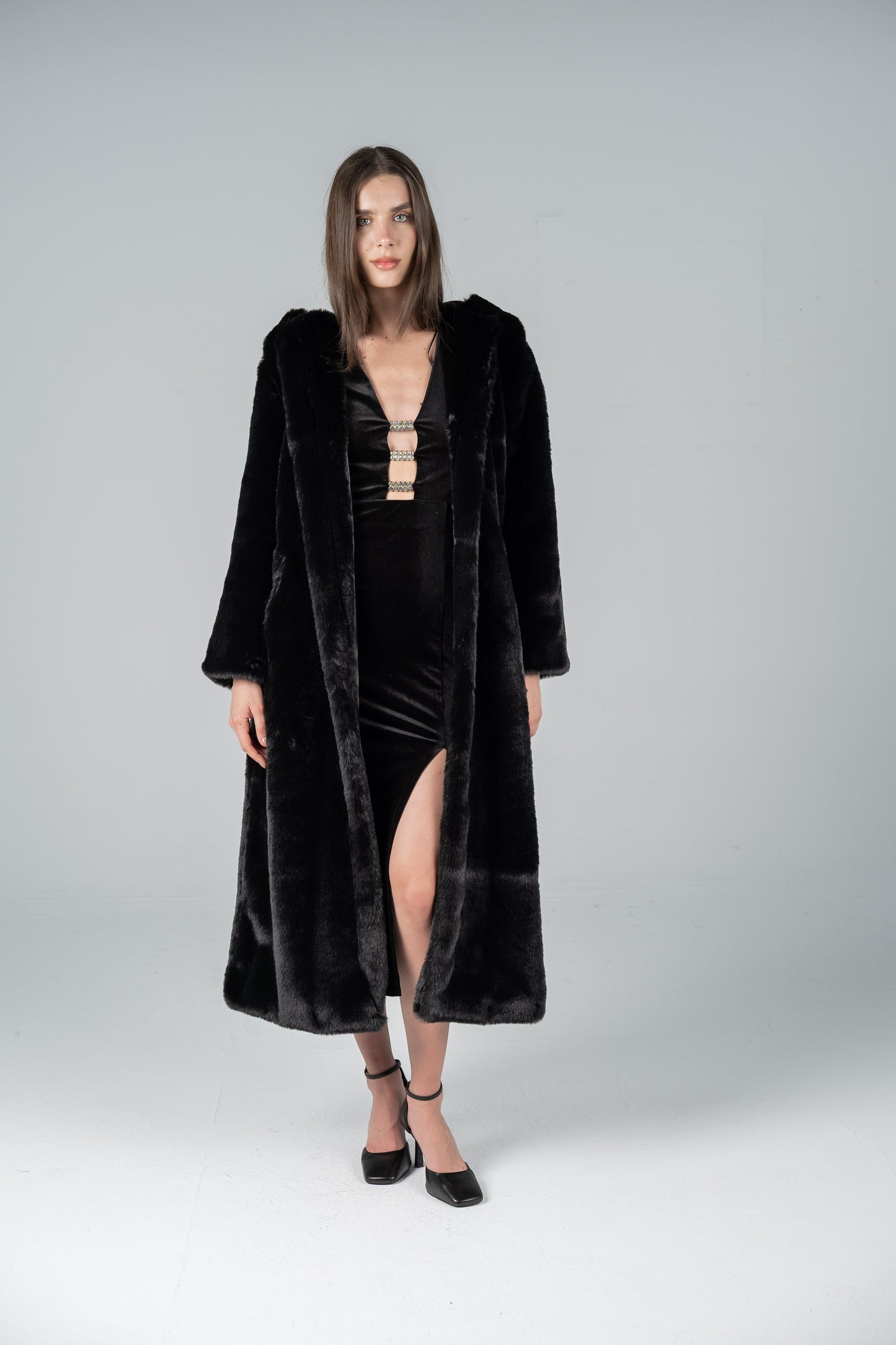 LONG HOODED BLACK FUR COAT