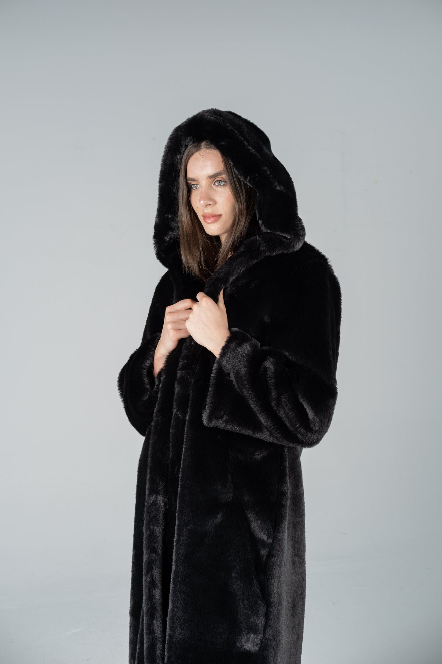 LONG HOODED BLACK FUR COAT