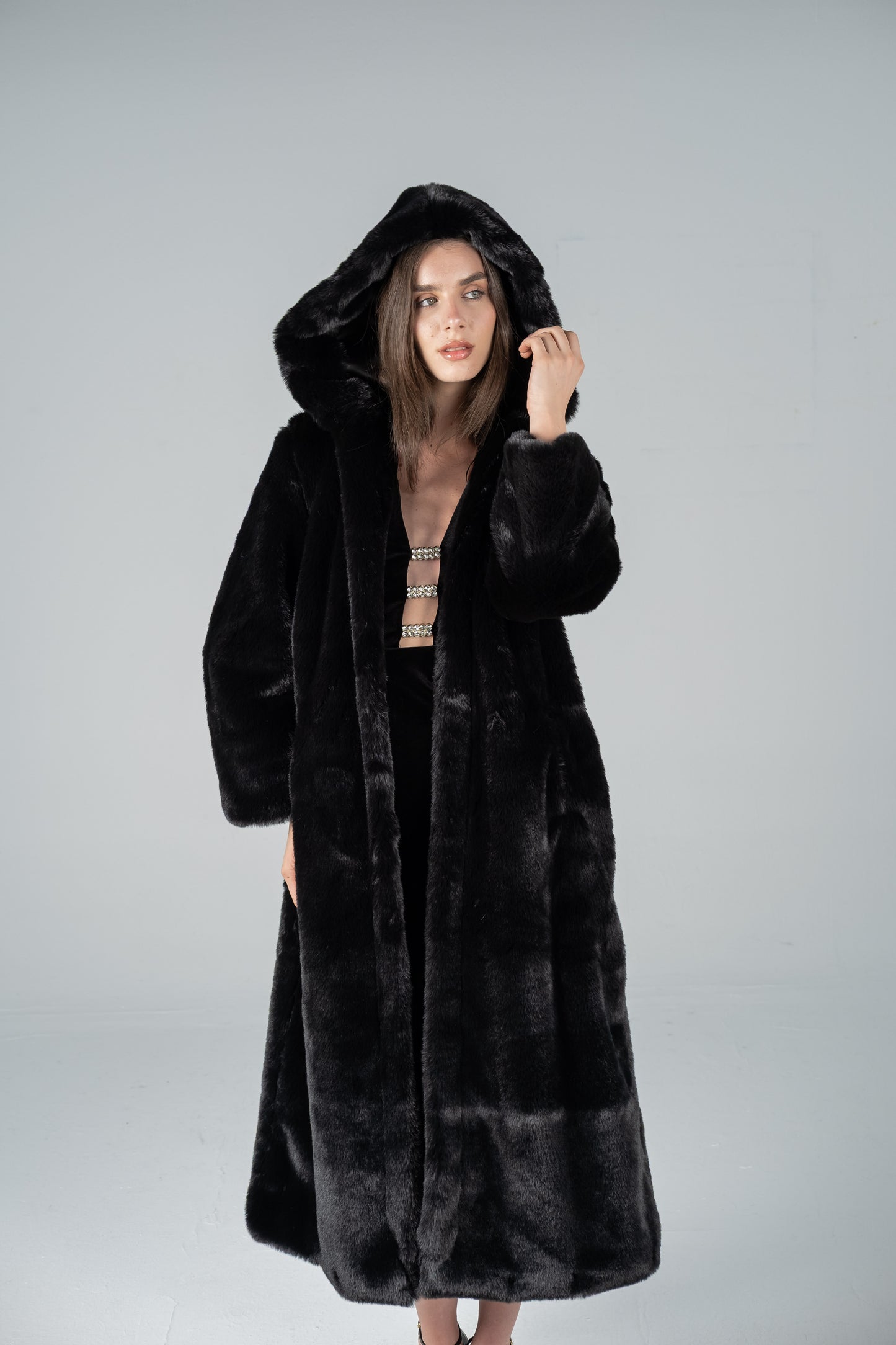 LONG HOODED BLACK FUR COAT