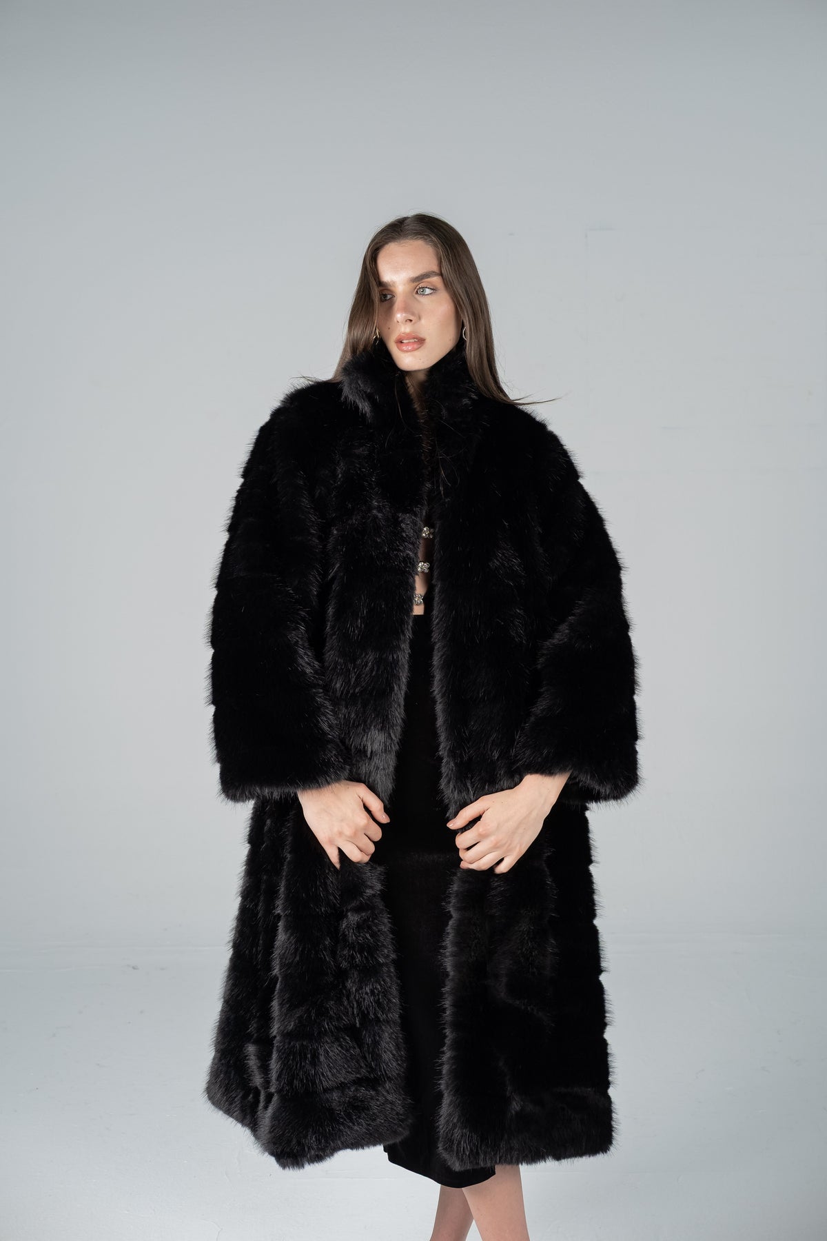 black dress and fur coat LUXE – The Boutique black moc toe shoes Enchanted Skirt Set features an Color:WHITE