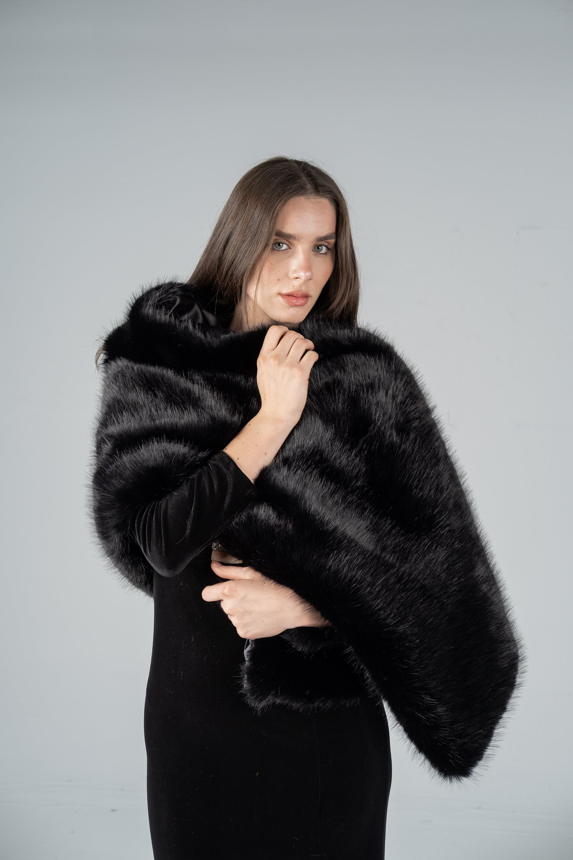 black dress with fur shawl Black Wedding / Bridal Faux Fur Shawl (Lilian Blk03) Sissily Designs