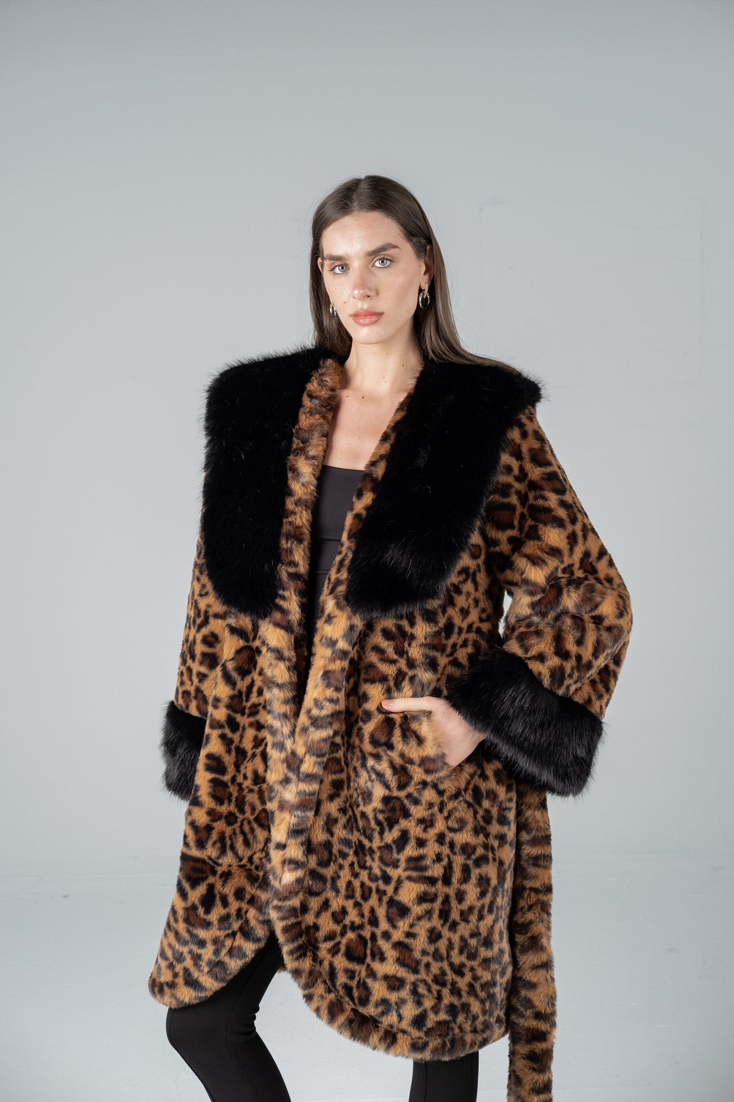 LEOPARD COAT WITH BLACK SHAWL COLLAR