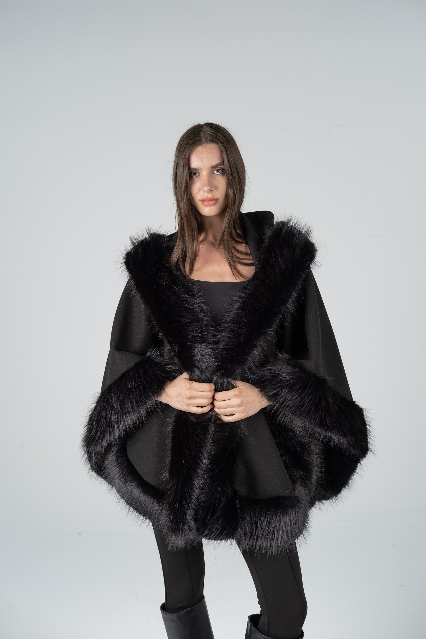 HOODED BLACK FUR CAPE