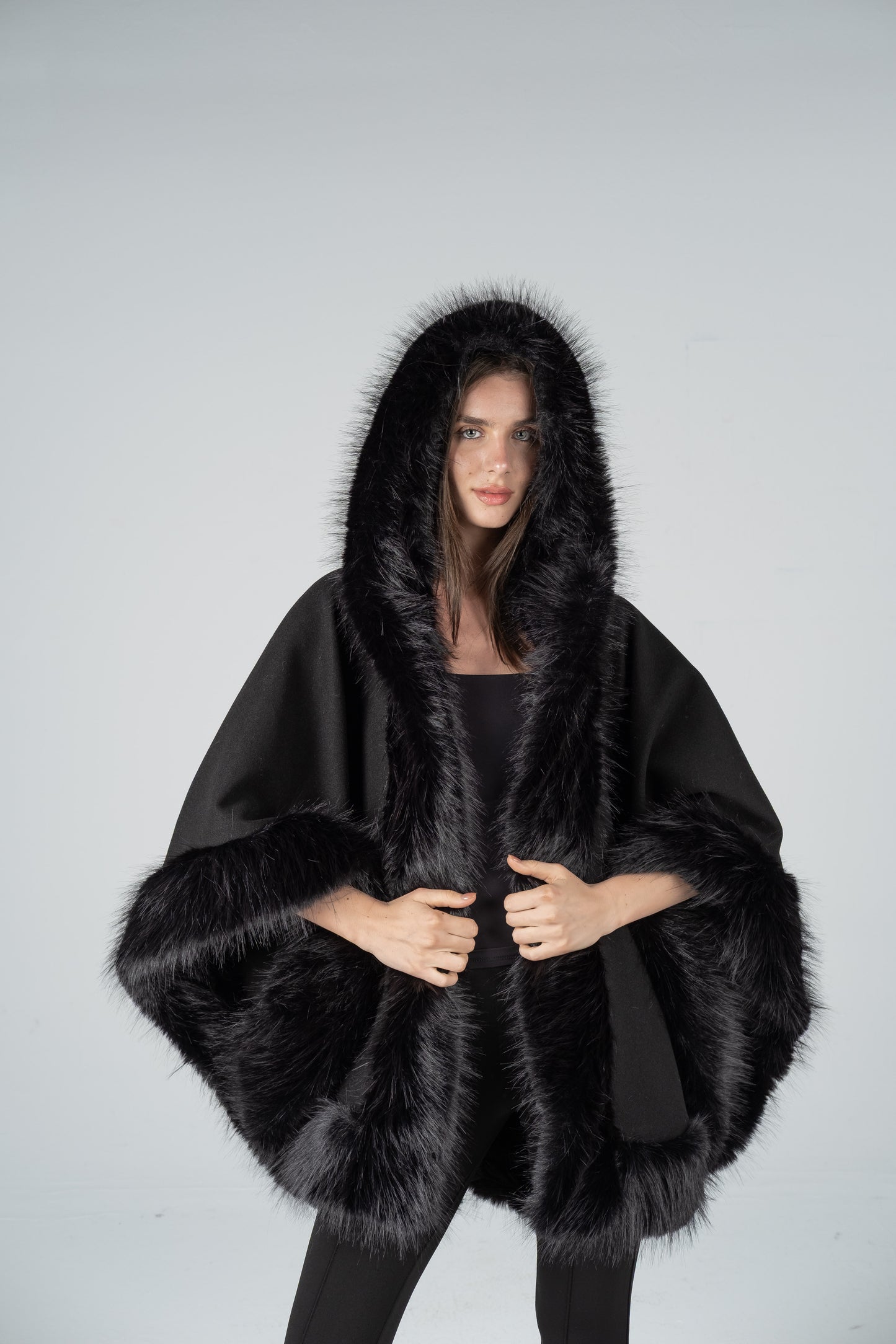 HOODED BLACK FUR CAPE