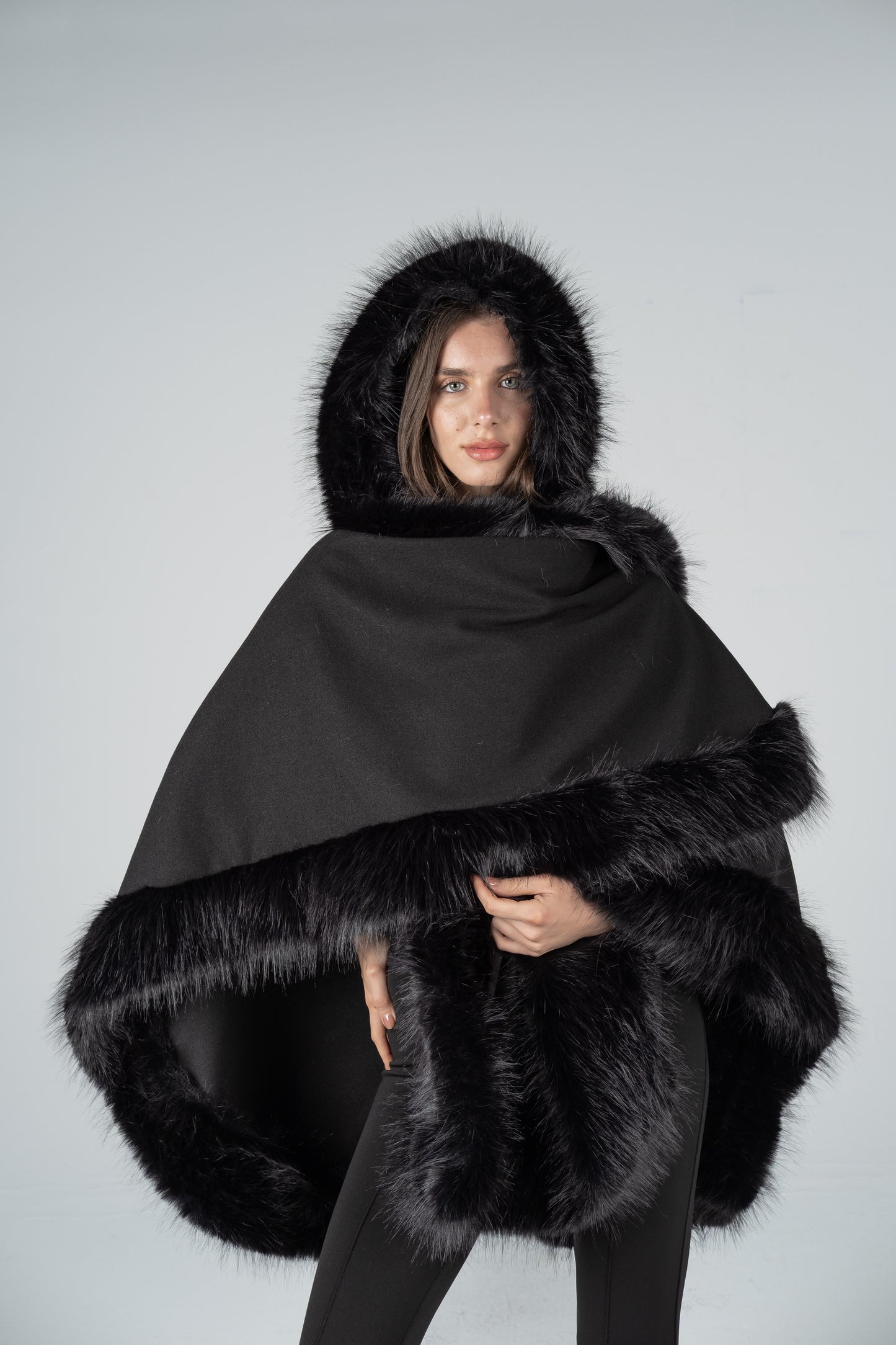 HOODED BLACK FUR CAPE
