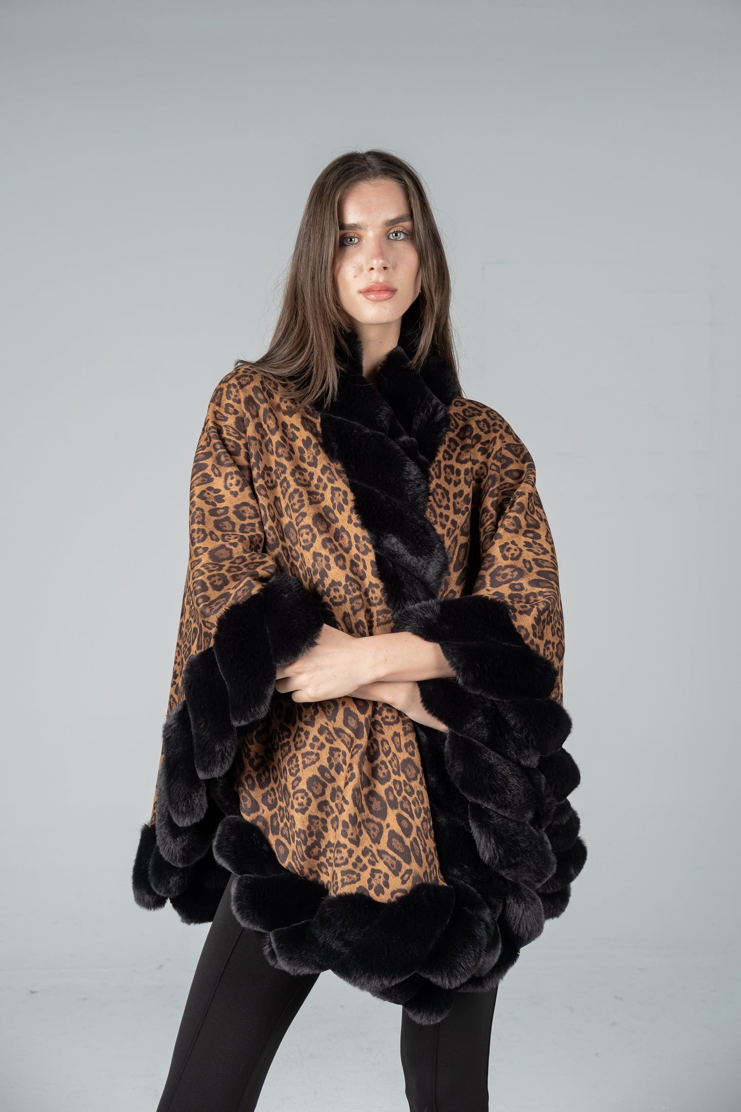 LEOPARD FUR CAPE WITH TRIM