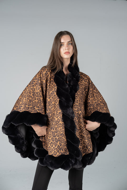 LEOPARD FUR CAPE WITH TRIM