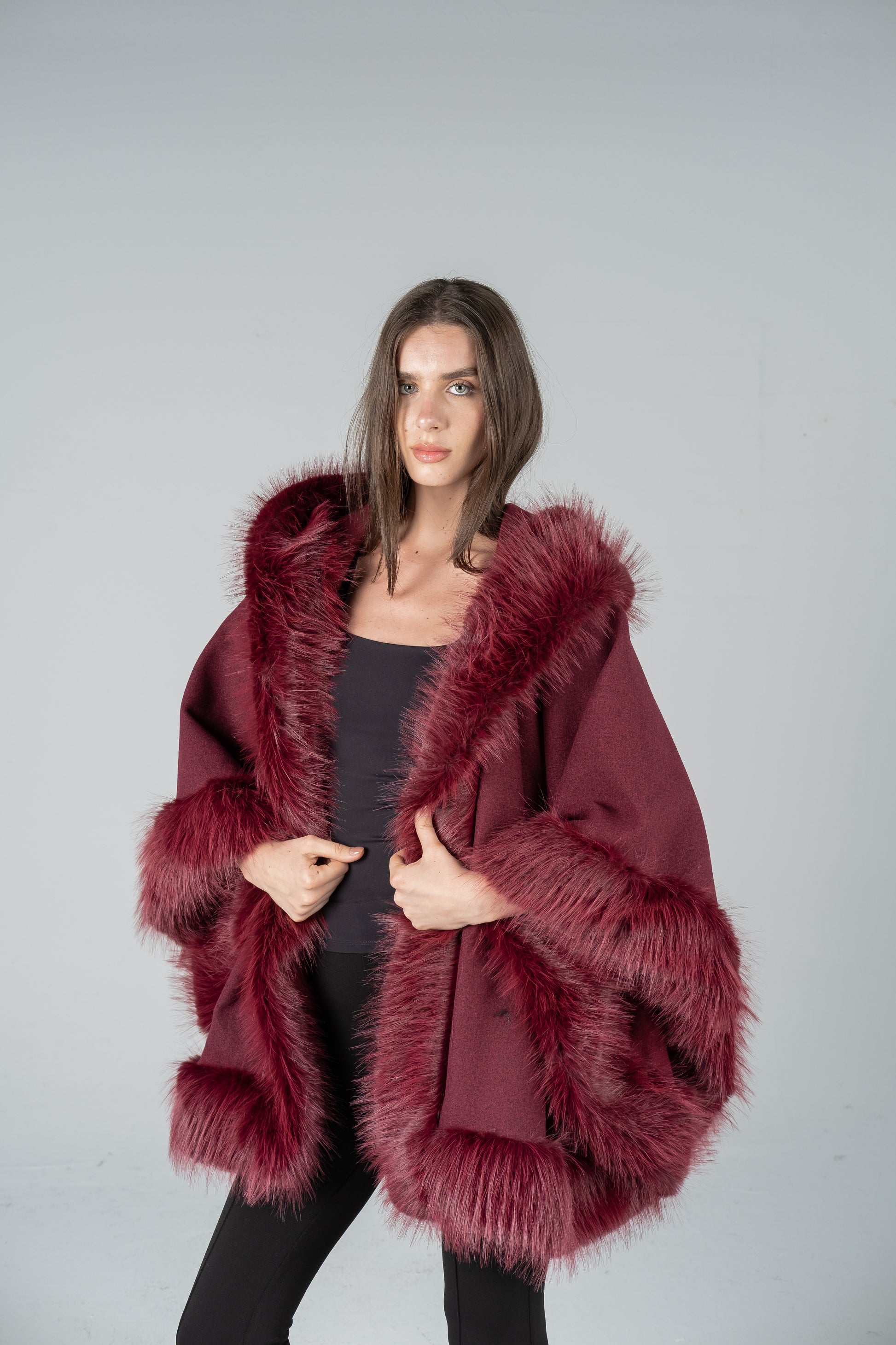 BURGUNDY FELT-FUR TRIM CAPE – The Dress Boutique