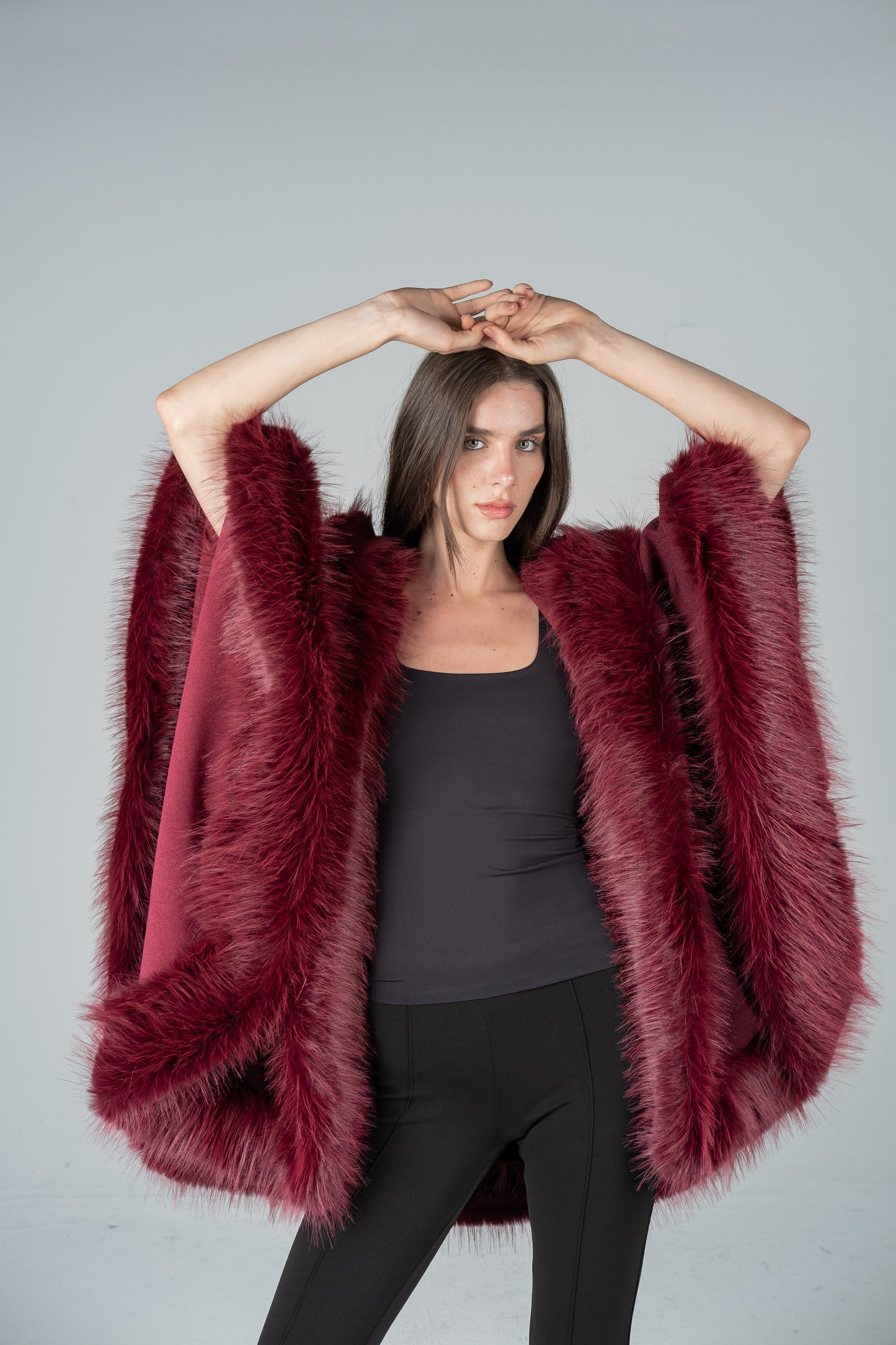 BURGUNDY FELT-FUR TRIM CAPE