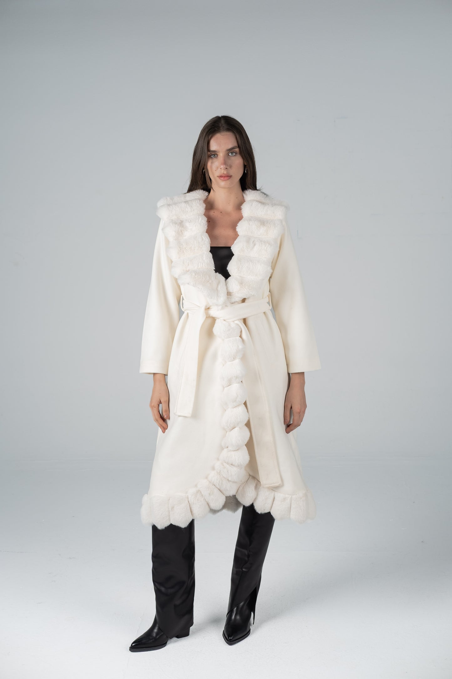 IVORY FELT-FUR TRIM ROBE COAT
