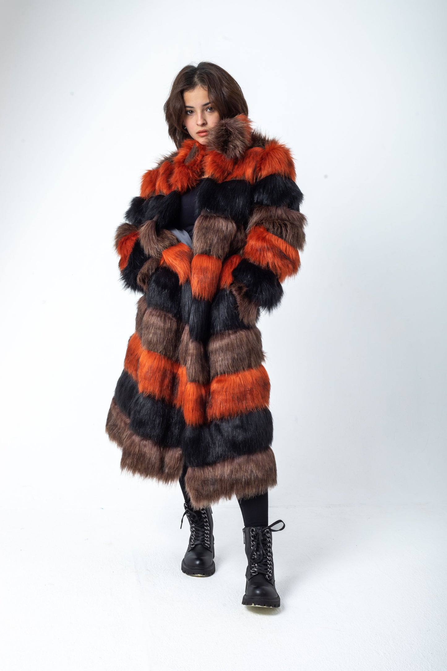 Three-Colored Striped Fur Coat